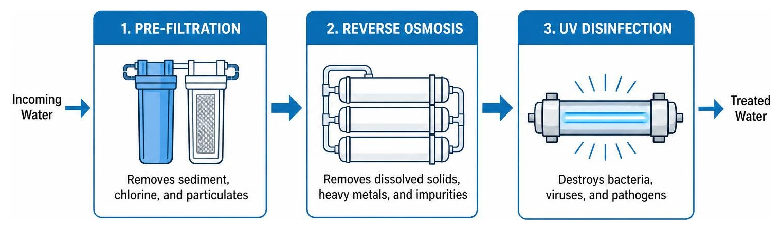Diagram of commercial water filtration process: Pre-filtration to Reverse Osmosis to UV disinfection Diagram of commercial water filtration process: Pre-filtration to Reverse Osmosis to UV disinfection