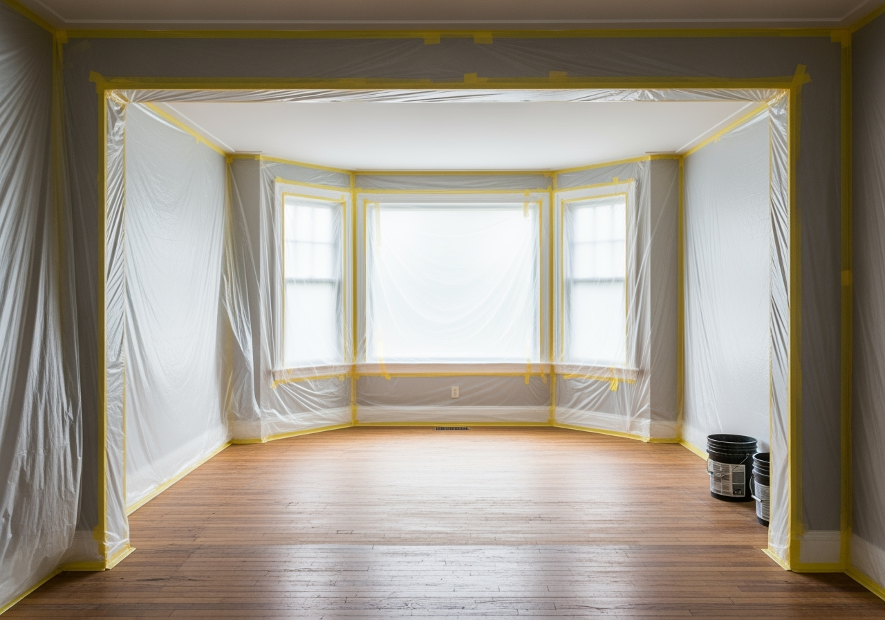 Room prepped for floor refinishing with furniture removed and plastic sheeting up - floor sanding contractors