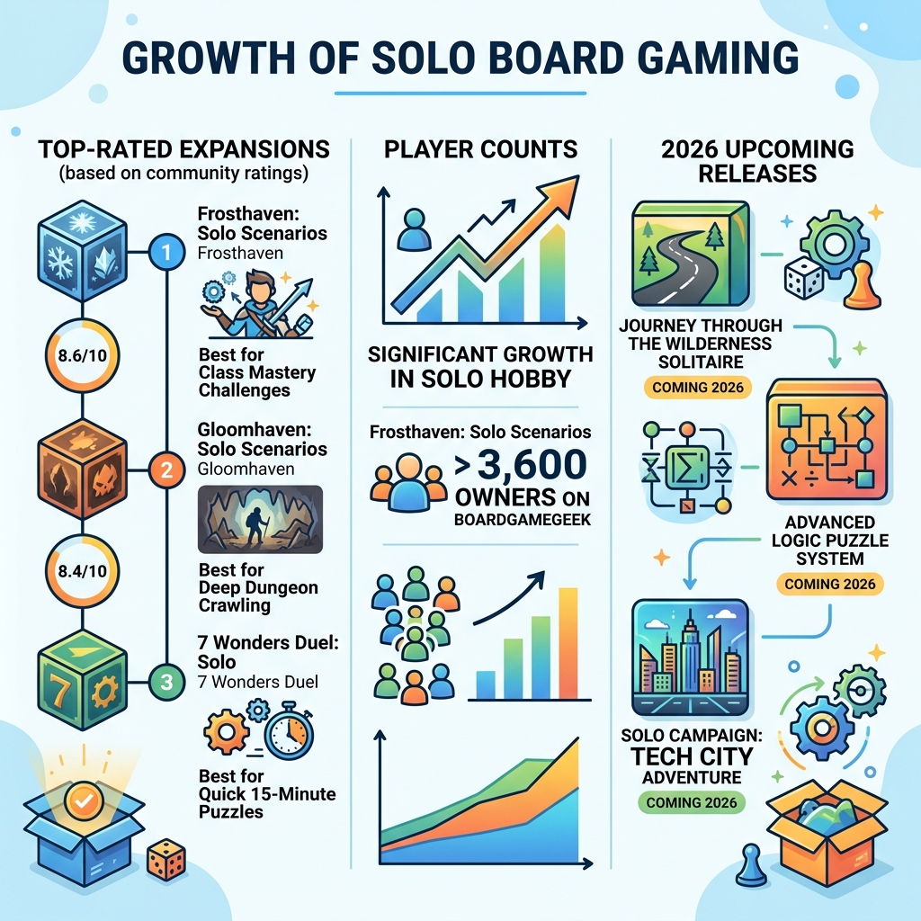 growth of solo gaming infographic showing top-rated expansions, player counts, and 2026 upcoming releases - solo board game