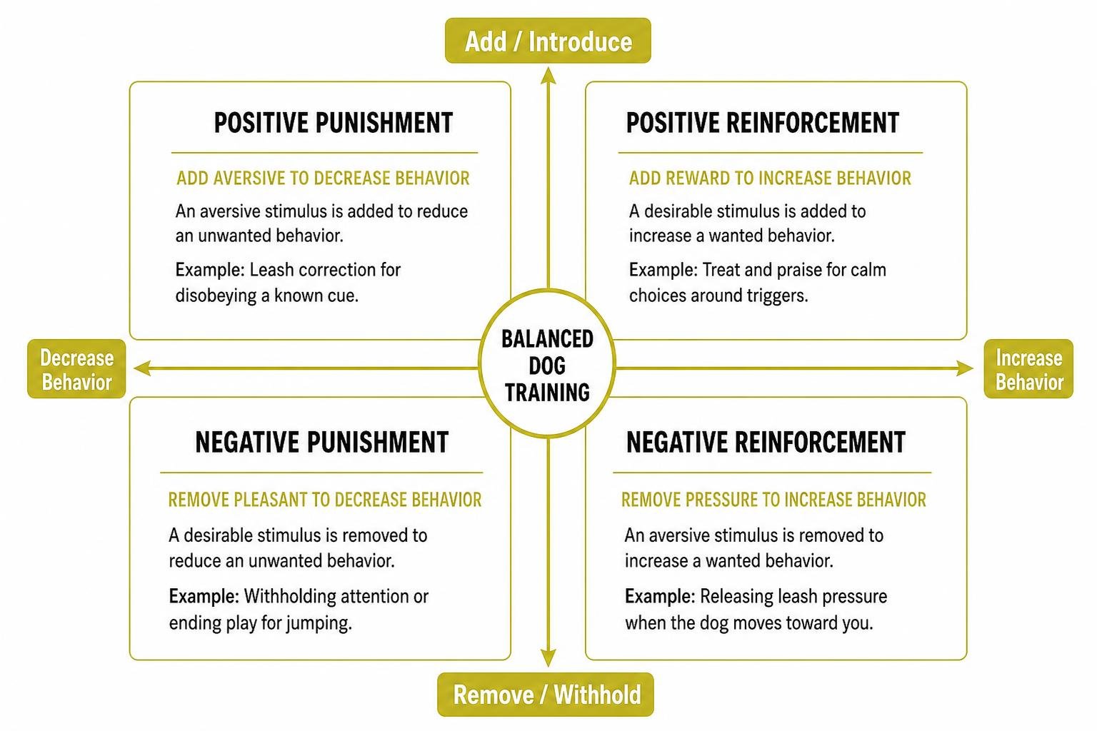 Operant conditioning quadrants in balanced dog training