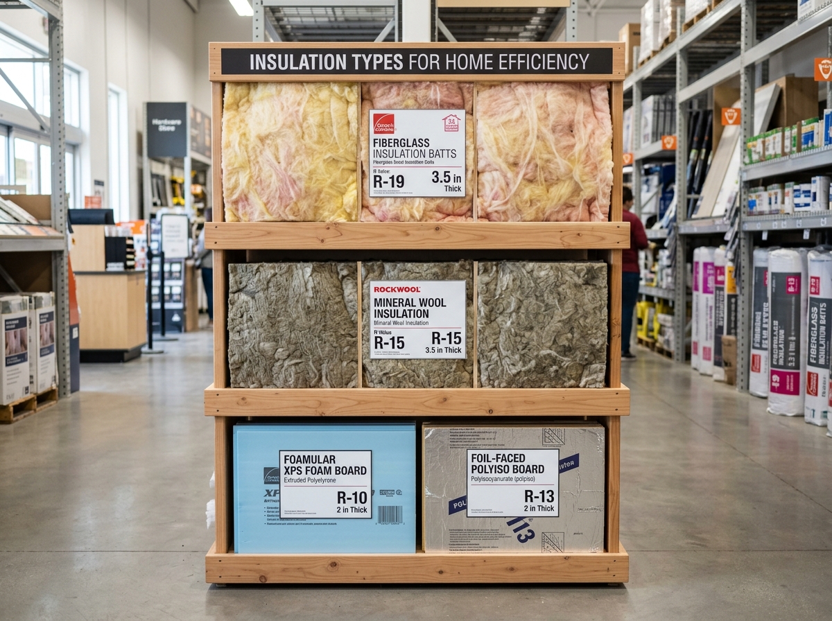 Various insulation types including fiberglass batts, mineral wool, and rigid foam boards - insulating shed walls diy