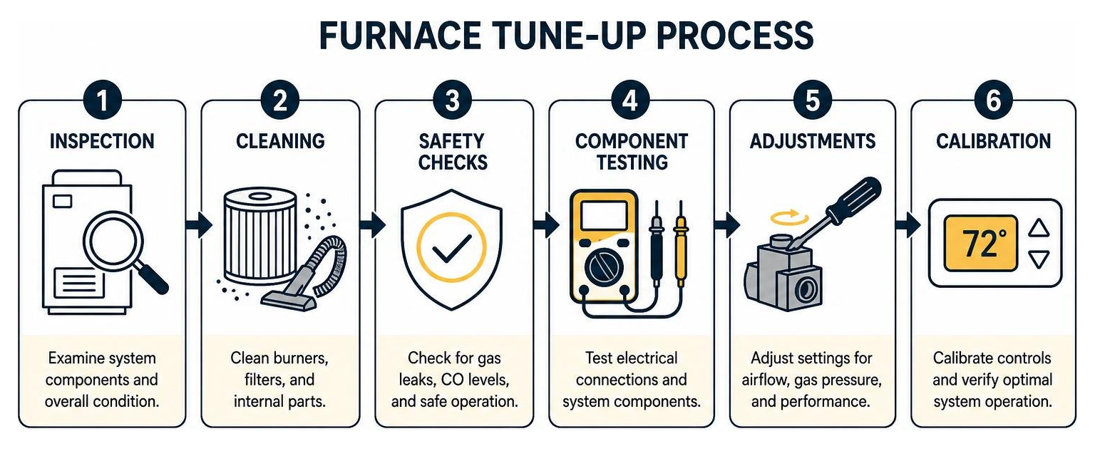 Diagram showing the furnace tune up process from inspection to calibration Diagram showing the furnace tune up process from inspection to calibration
