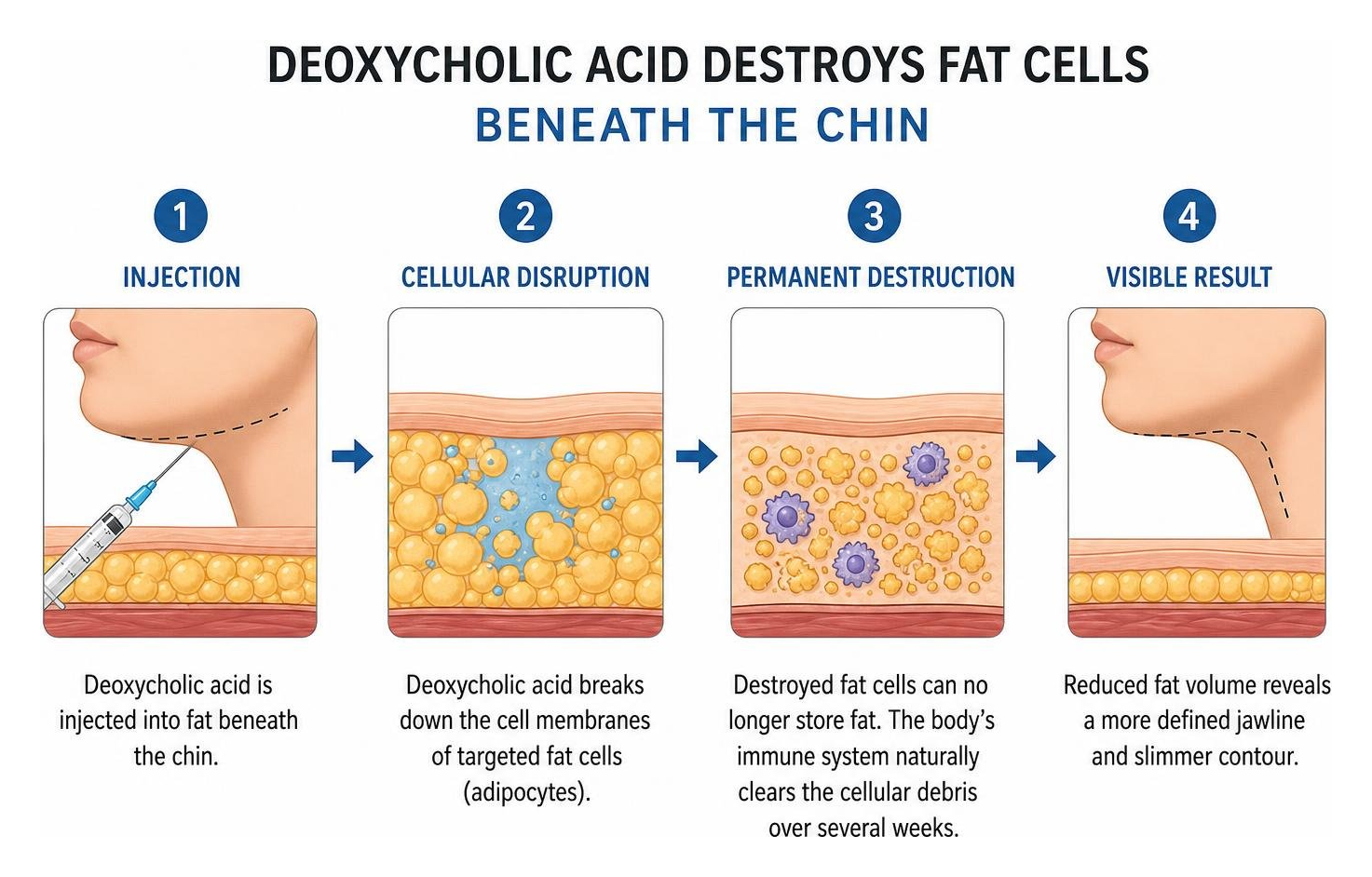 Diagram showing deoxycholic acid destroying fat cells beneath the chin