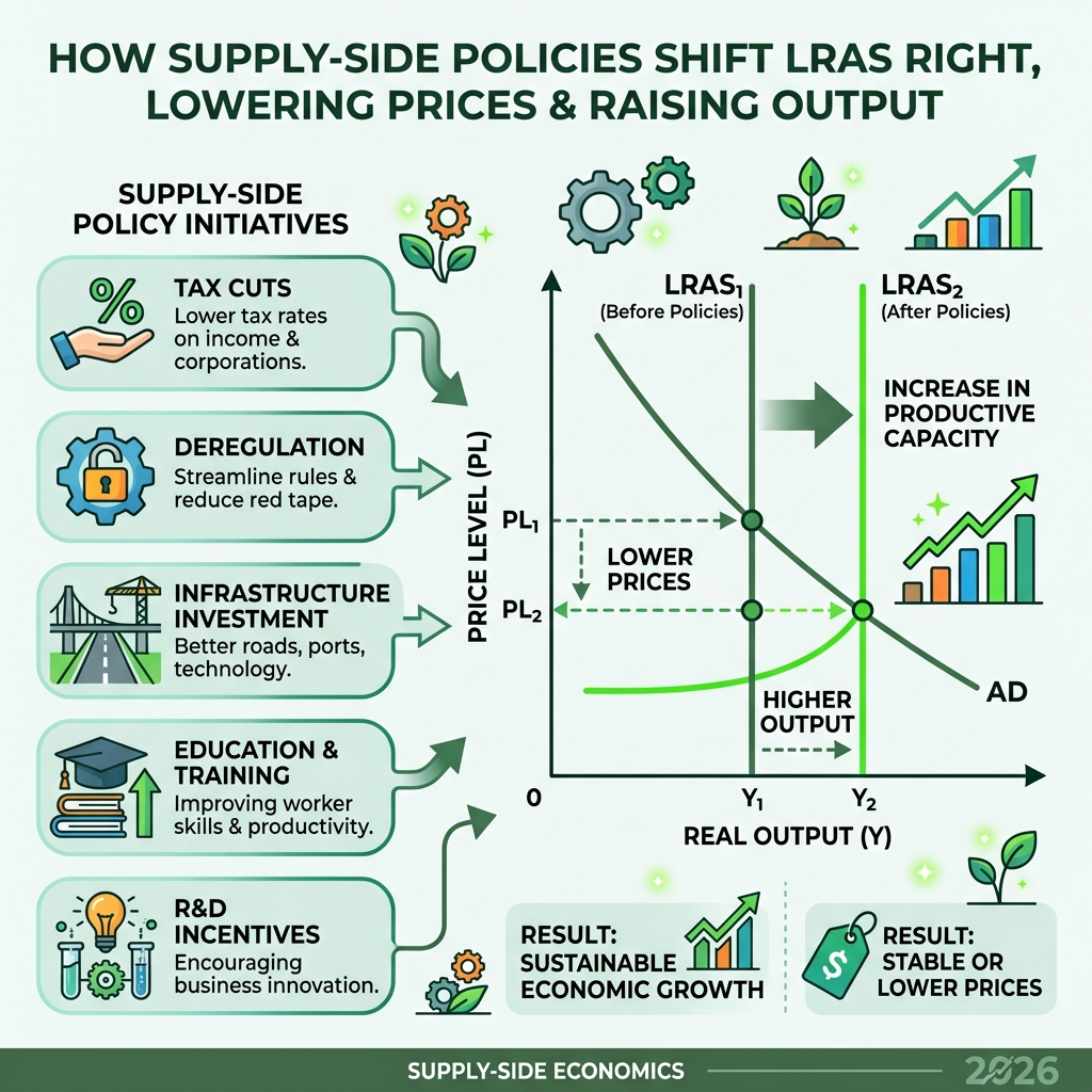 Infographic showing how supply-side policies shift the LRAS curve right, lowering prices and raising output - supply-side
