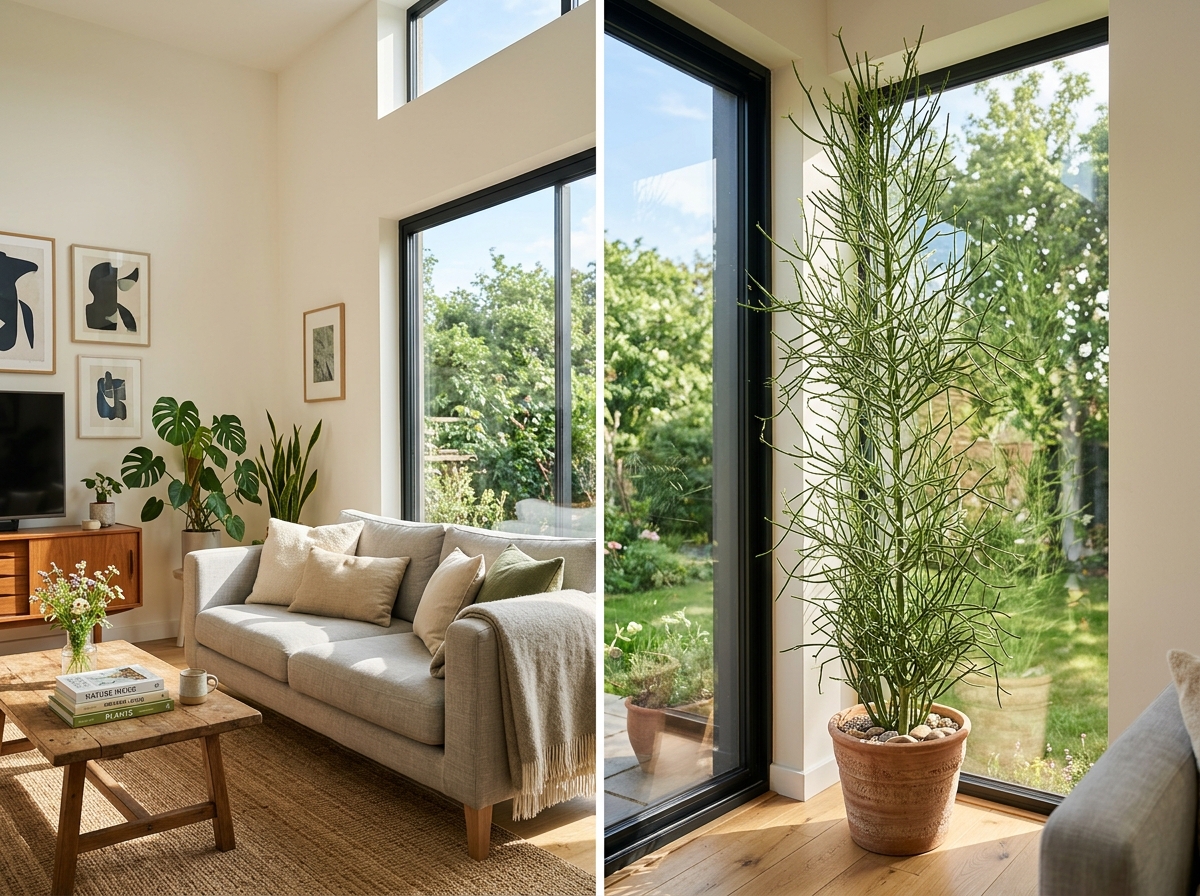 Mature pencil cactus in a bright living room near a south-facing window - pencil cactus indoor care