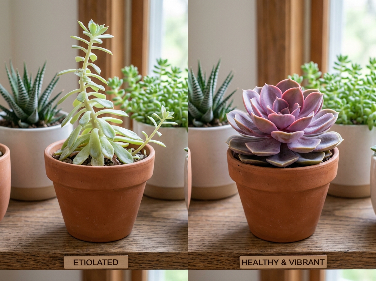 A comparison of a stretched, pale succulent vs. a compact, vibrant one under grow lights - beginner succulent lighting kit A comparison of a stretched, pale succulent vs. a compact, vibrant one under grow lights - beginner succulent lighting kit