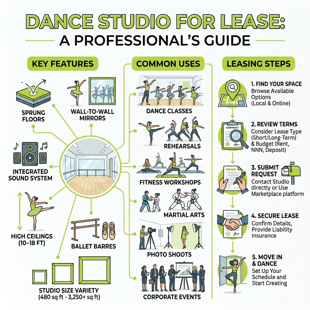 Infographic showing key features, uses, and leasing steps for a professional dance studio for lease - dance studio for lease Infographic showing key features, uses, and leasing steps for a professional dance studio for lease - dance studio for lease
