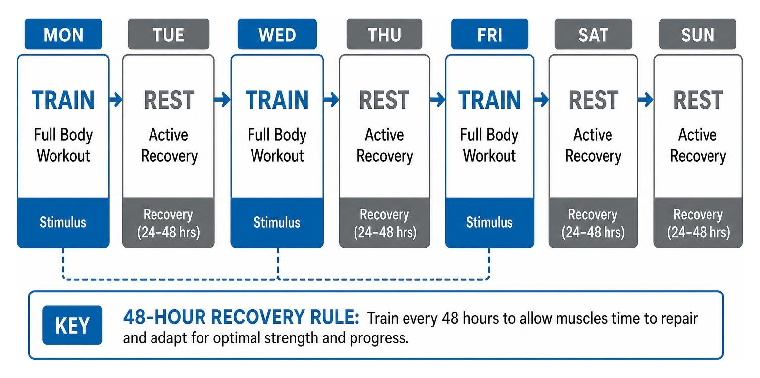 A step-by-step diagram of the weekly full-body workout schedule alternating training and rest days