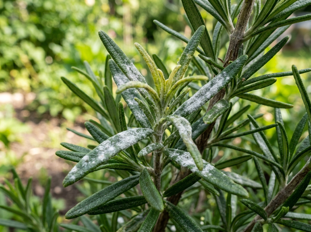 Close up of rosemary leaves with white fungal spots and stunted growth - rosemary powdery mildew baking soda