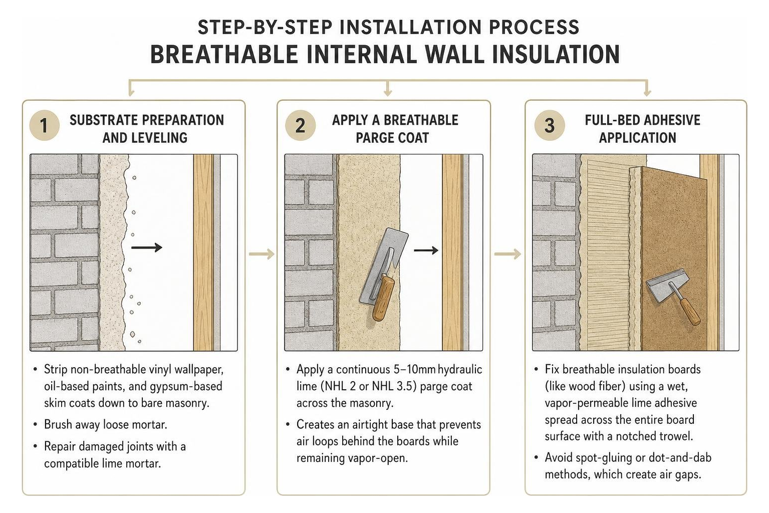 Step-by-step installation process for breathable internal wall insulation