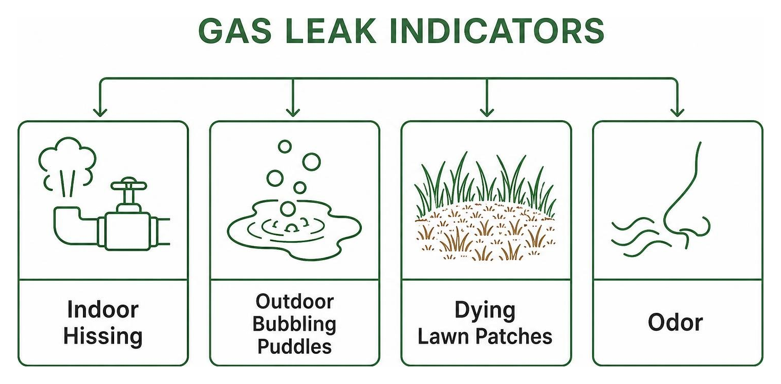 Diagram of gas leak indicators: indoor hissing, outdoor bubbling puddles, dying lawn patches, and odor