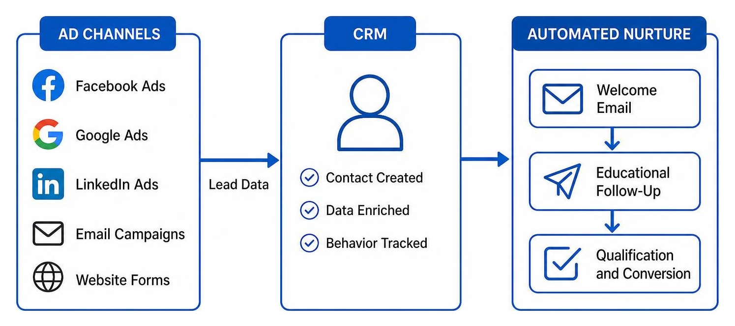 Diagram showing marketing data flowing seamlessly from ad channels into CRM and automated nurture sequences