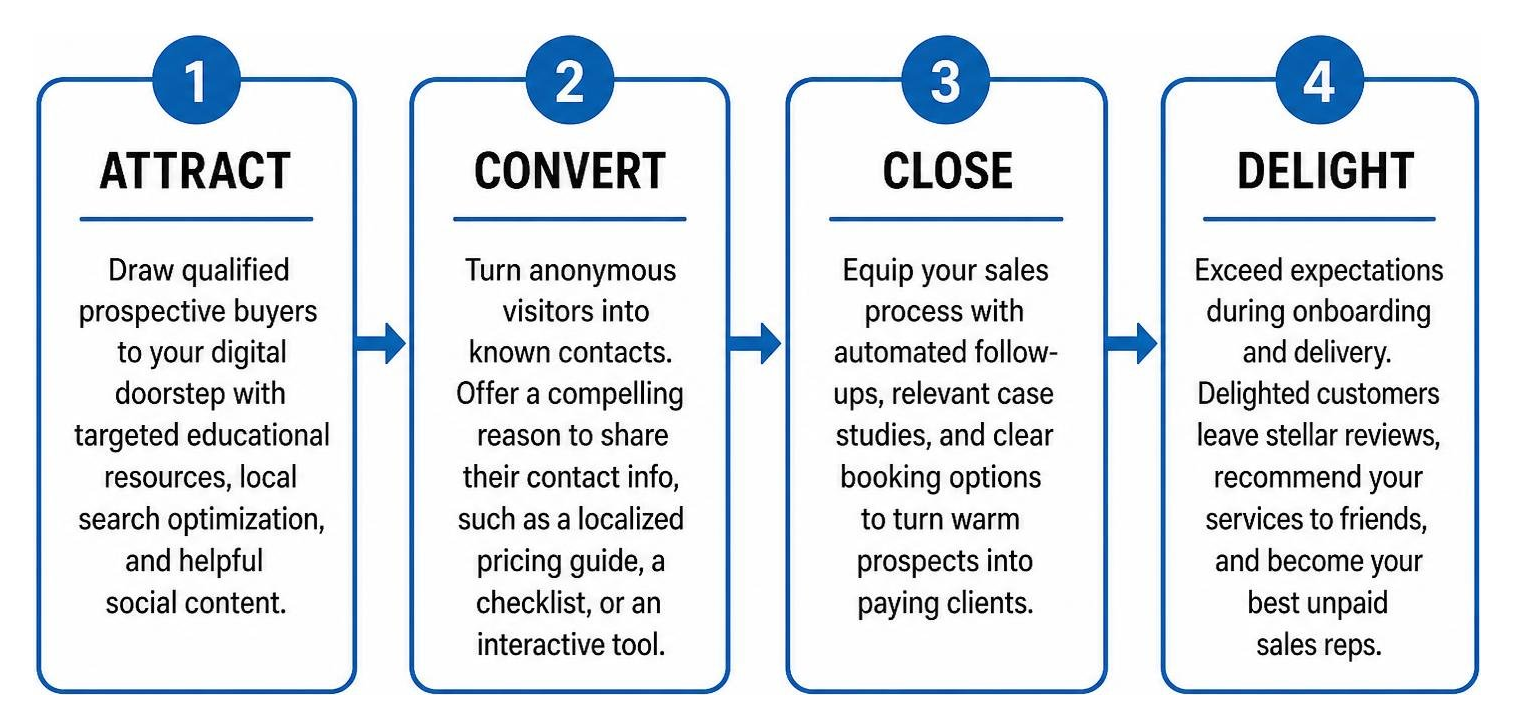 Four-stage inbound lead generation process: Attract, Convert, Close, Delight Four-stage inbound lead generation process: Attract, Convert, Close, Delight