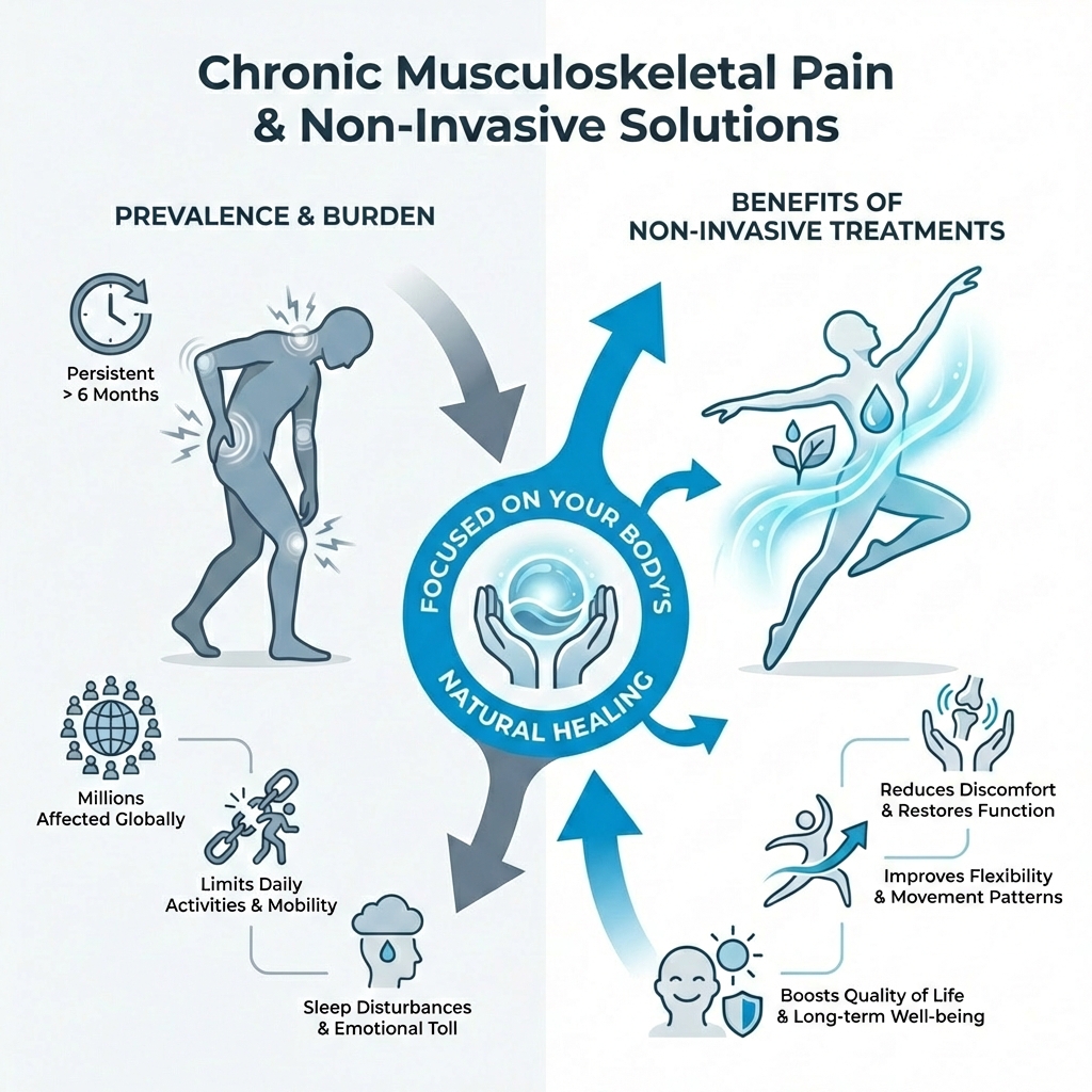 Prevalence of chronic musculoskeletal pain and benefits of non-invasive treatments - manual drainage massage infographic