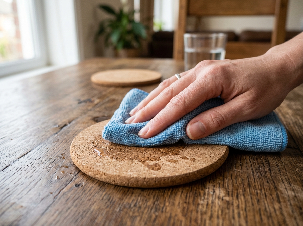 Cleaning a sustainable cork coaster with a soft damp cloth - sustainable cork coasters Cleaning a sustainable cork coaster with a soft damp cloth - sustainable cork coasters