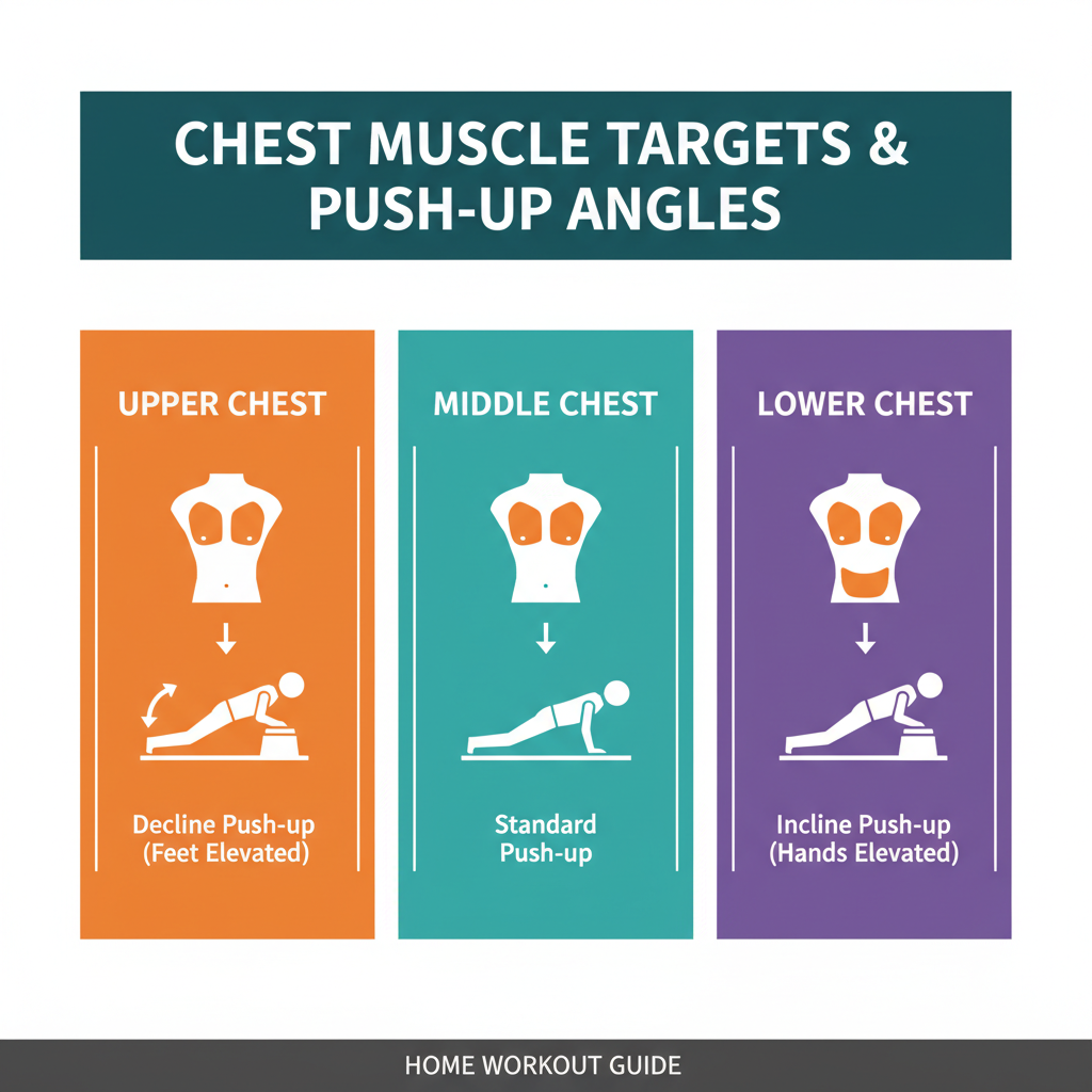 Infographic showing upper, middle, and lower chest muscle regions with corresponding push-up angles - at home workout to