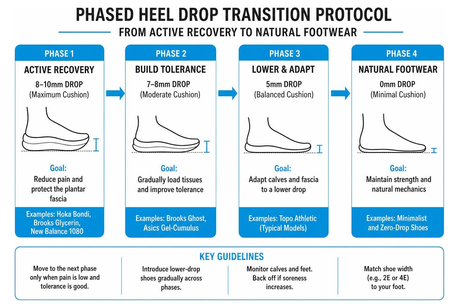 Phased heel drop transition protocol from active recovery to natural footwear Phased heel drop transition protocol from active recovery to natural footwear