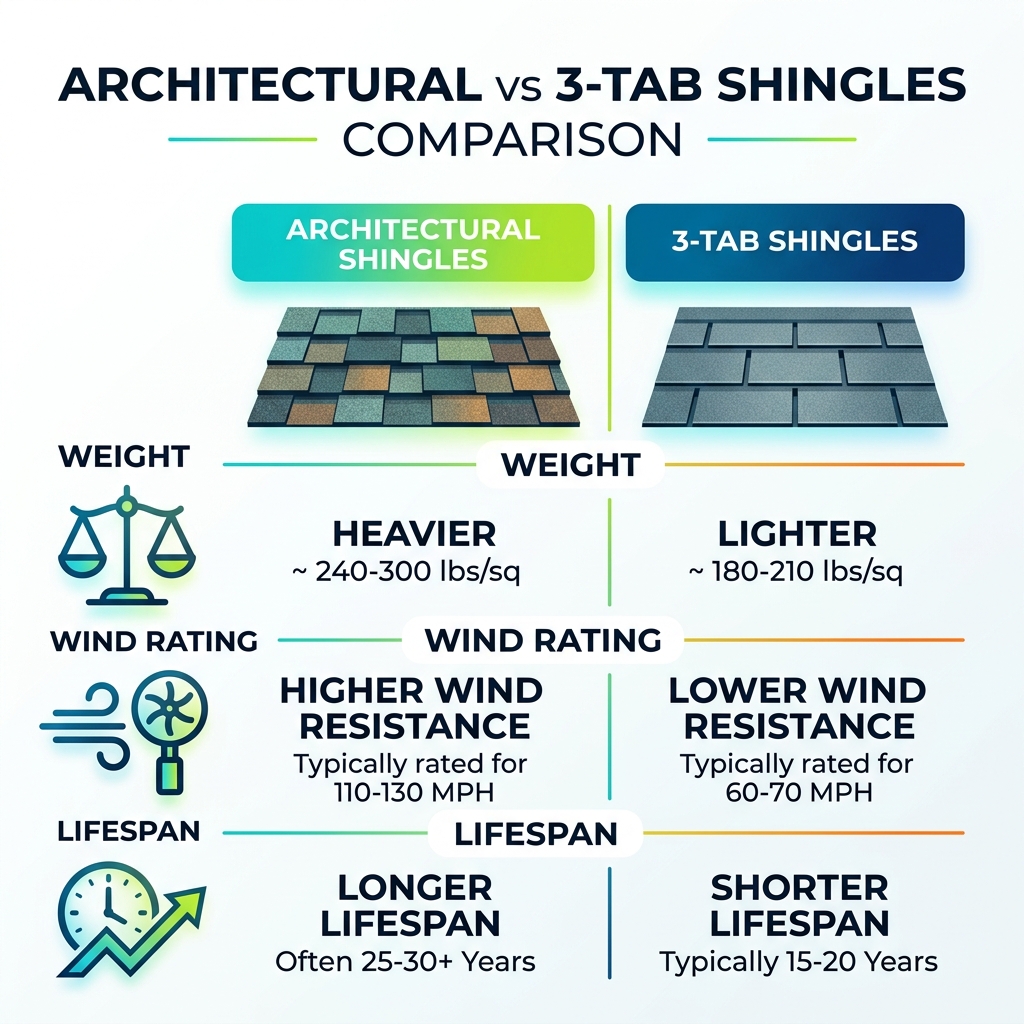 Comparison table of Architectural vs 3-Tab Shingles showing weight, wind rating, and lifespan - how to repair architectural