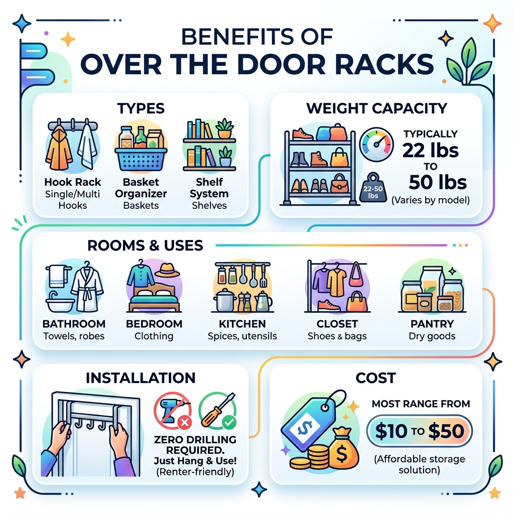 Benefits of over the door racks infographic: types, weight capacity, rooms, installation, cost - over the door racks