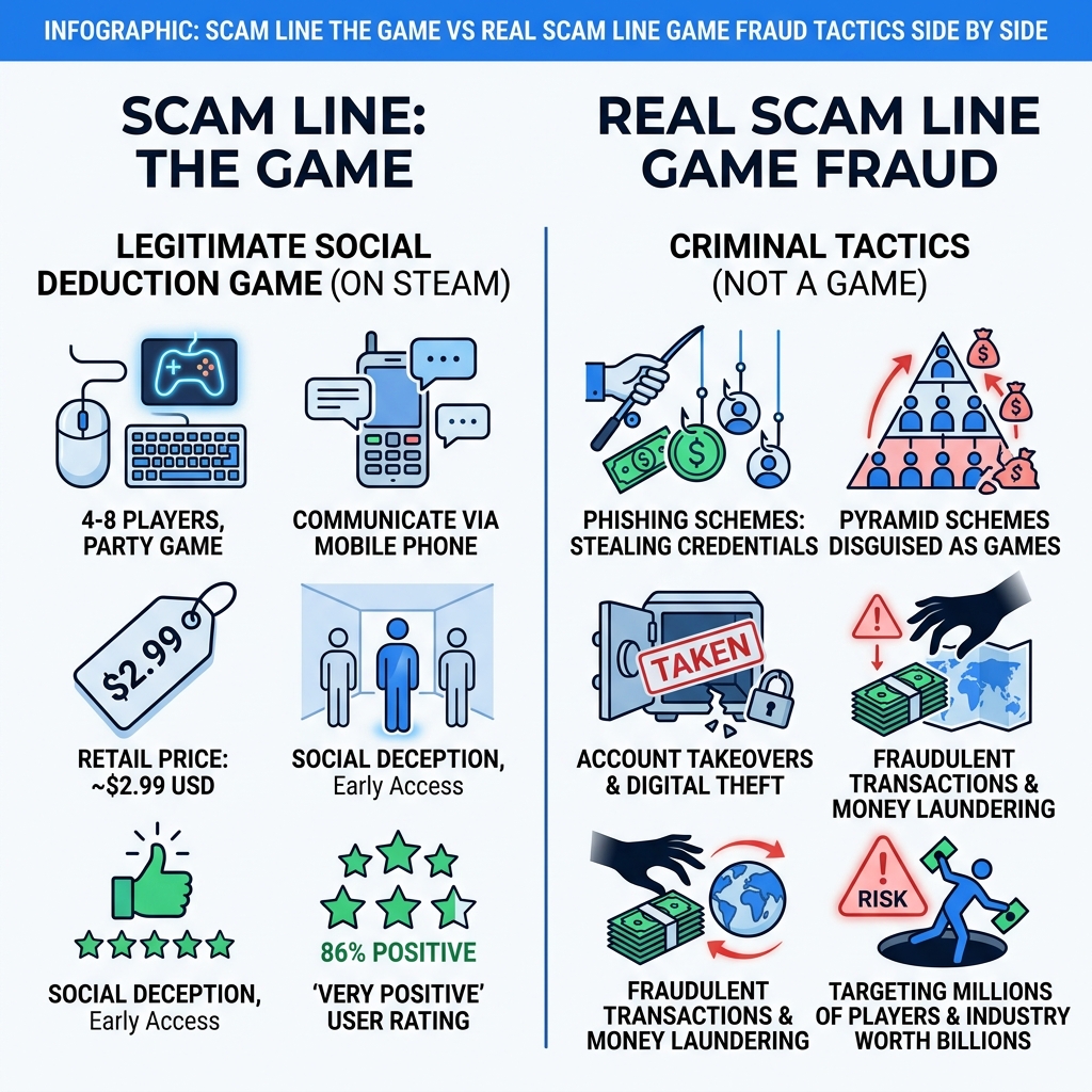 Infographic: Scam Line the game vs real scam line game fraud tactics side by side - scam line game fraud infographic Infographic: Scam Line the game vs real scam line game fraud tactics side by side - scam line game fraud infographic