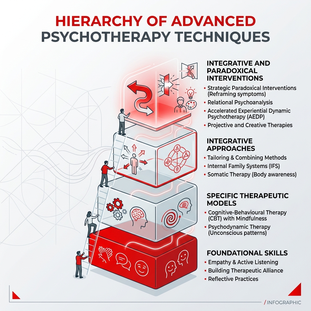 Hierarchy of advanced psychotherapy techniques from foundational skills to integrative and paradoxical interventions