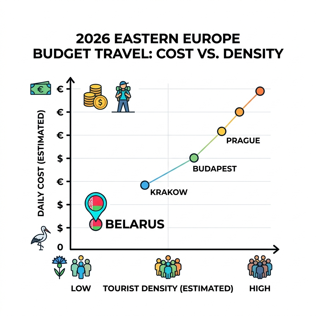 2026 budget travel landscape in Eastern Europe comparing daily costs and tourist density - low cost solo Belarus infographic 2026 budget travel landscape in Eastern Europe comparing daily costs and tourist density - low cost solo Belarus infographic