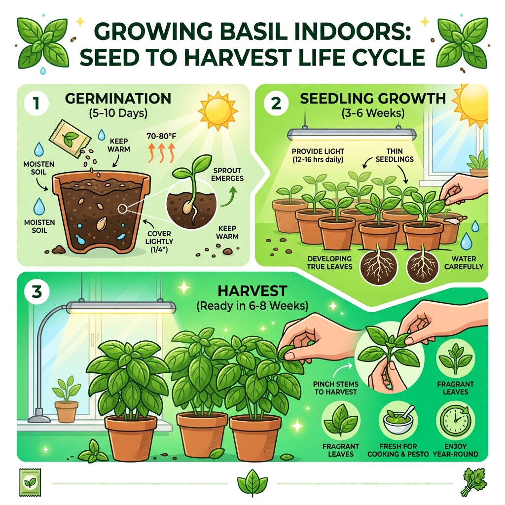 Basil seed to harvest life cycle infographic showing germination, seedling, and harvest stages - how to grow basil seeds