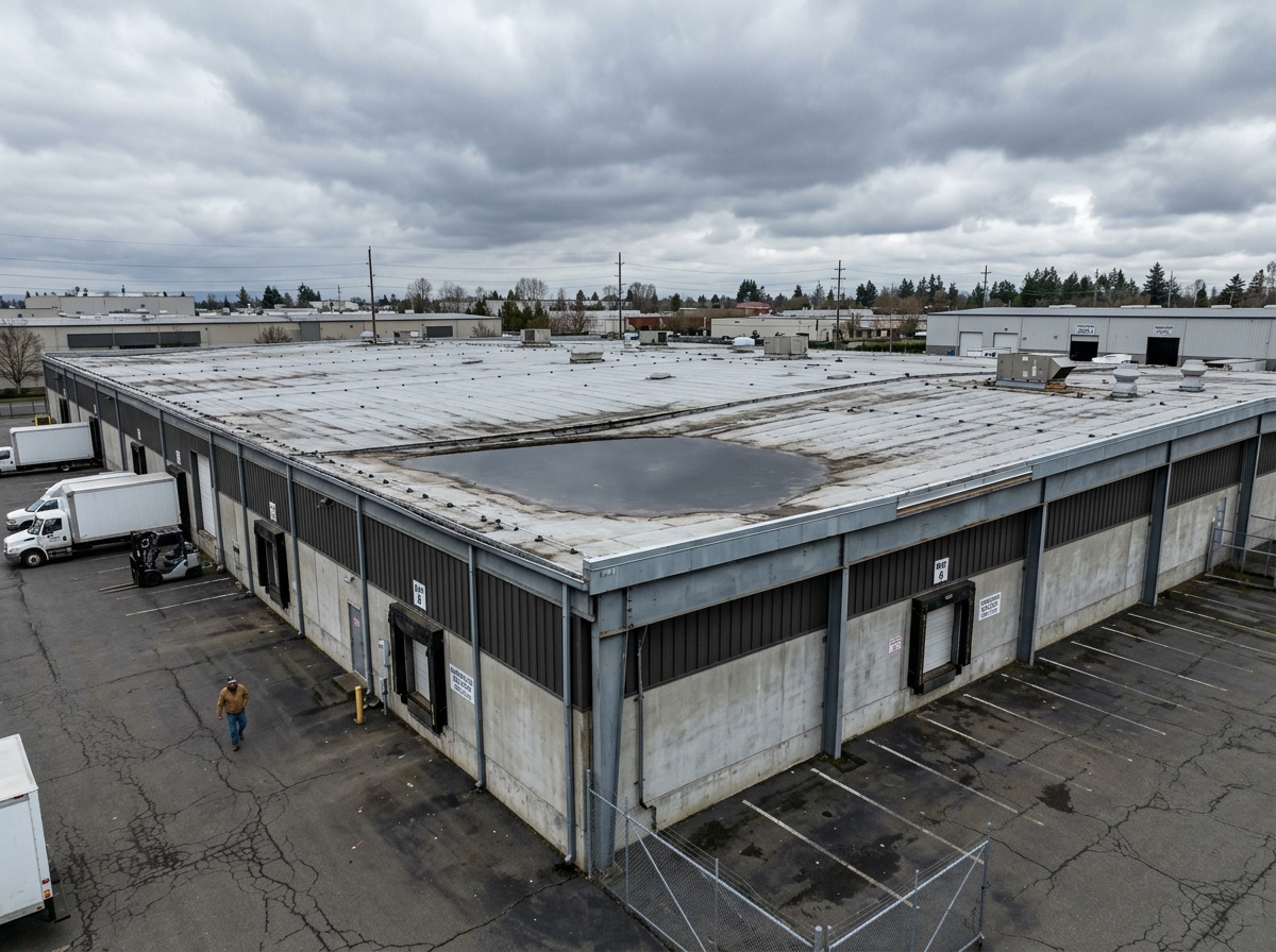 structural sagging on a flat roof - industrial roofing emergency repair