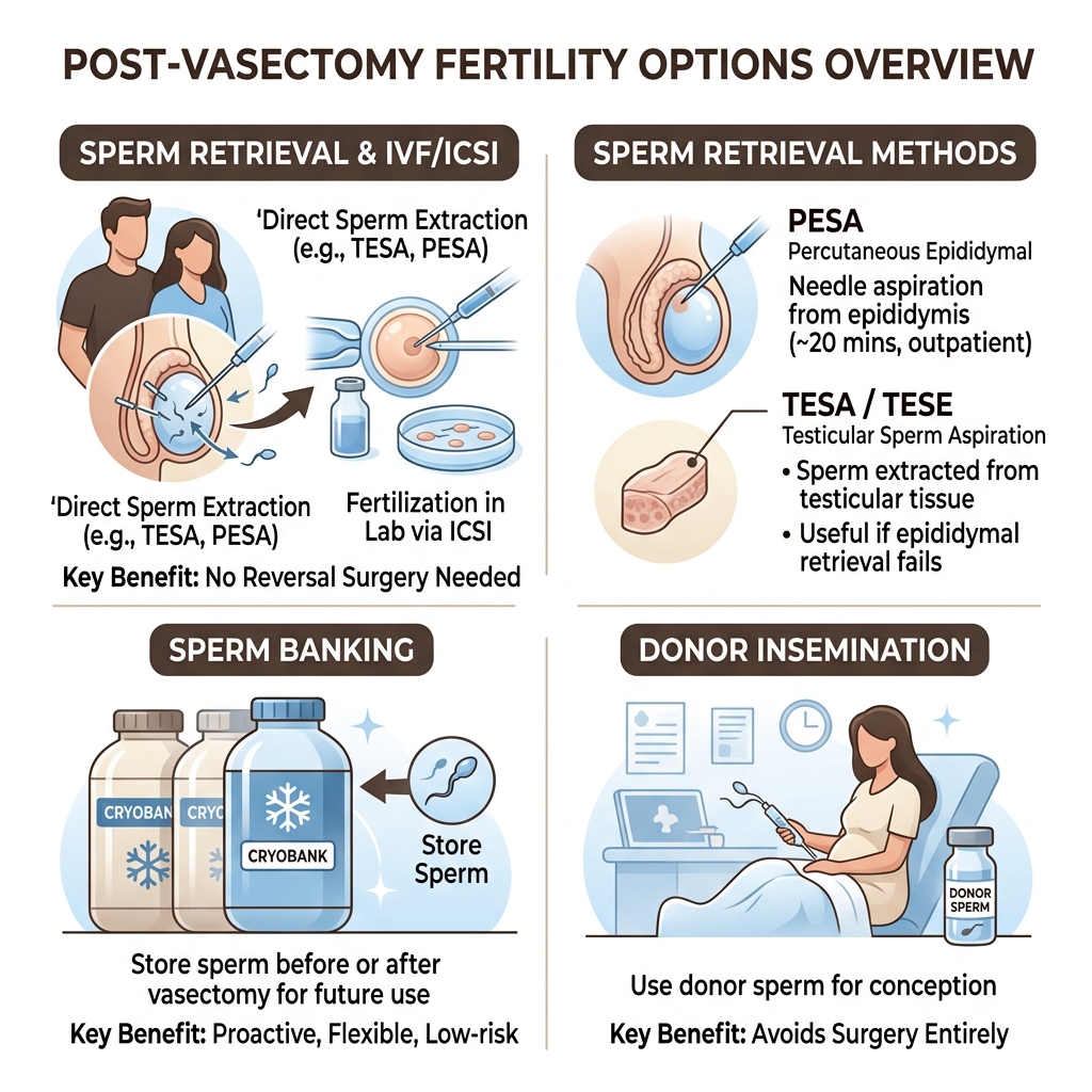 Post-vasectomy fertility options overview: sperm retrieval, IVF, ICSI, sperm banking, donor insemination - alternatives to a Post-vasectomy fertility options overview: sperm retrieval, IVF, ICSI, sperm banking, donor insemination - alternatives to a