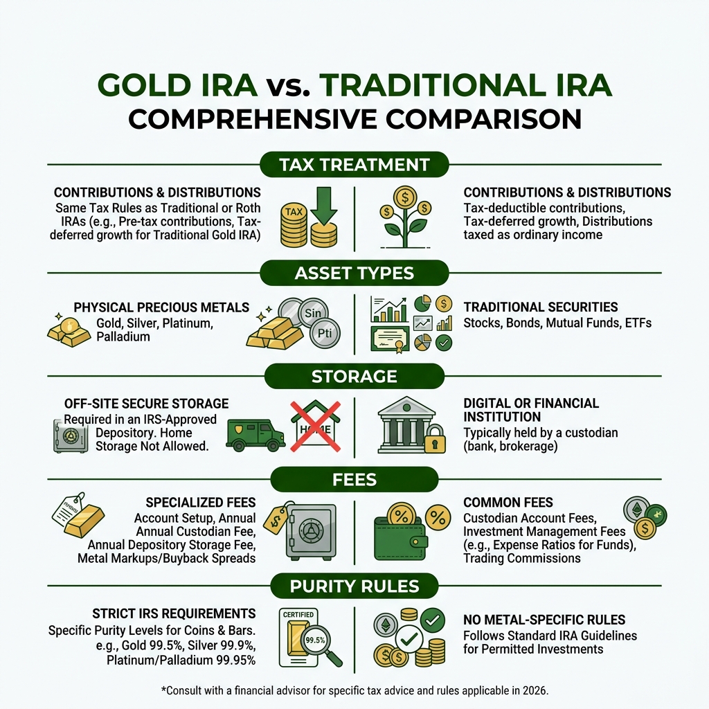 Gold IRA vs Traditional IRA comparison infographic showing tax treatment, asset types, storage, fees, and purity rules