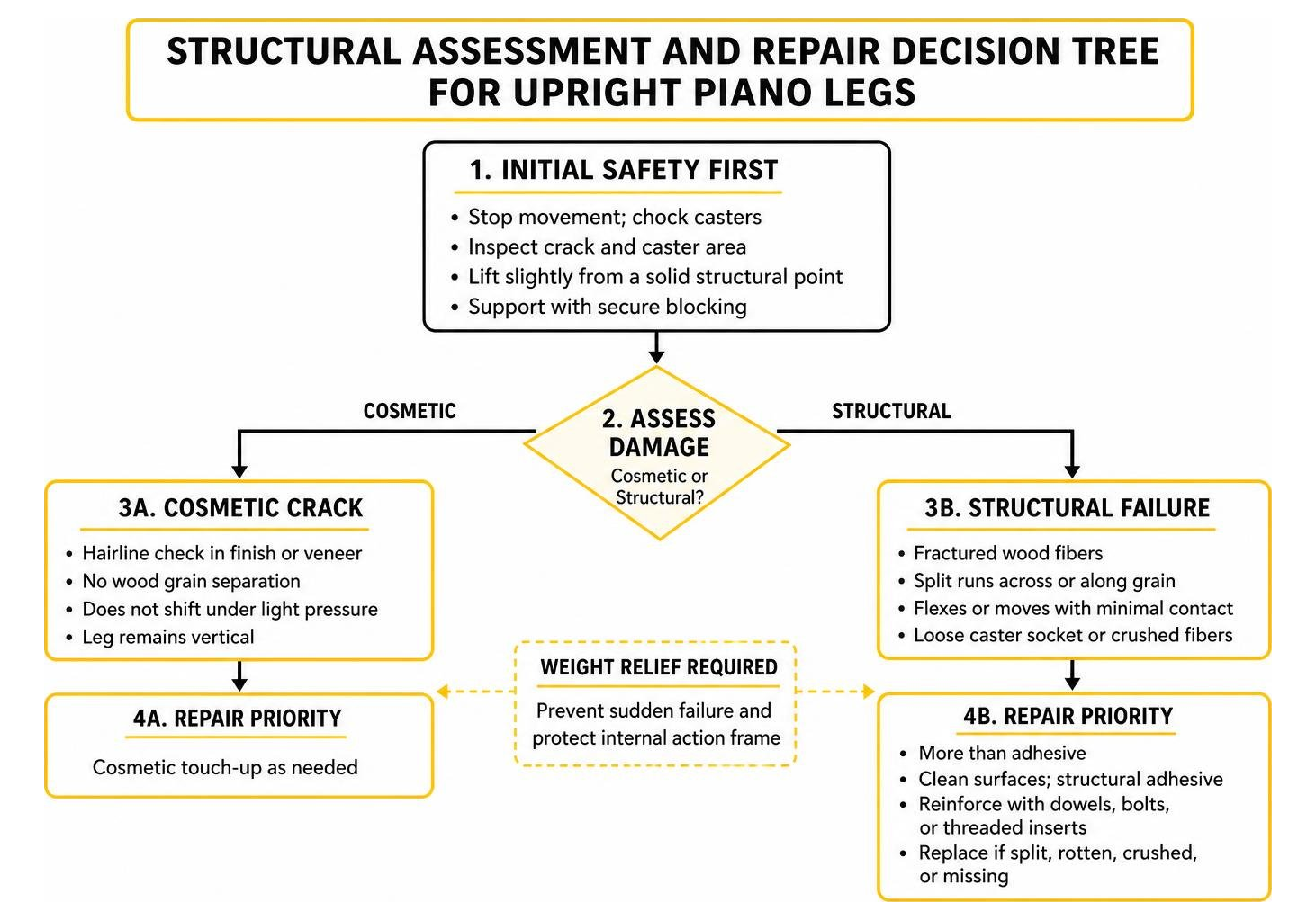 Structural assessment and repair decision tree for upright piano legs