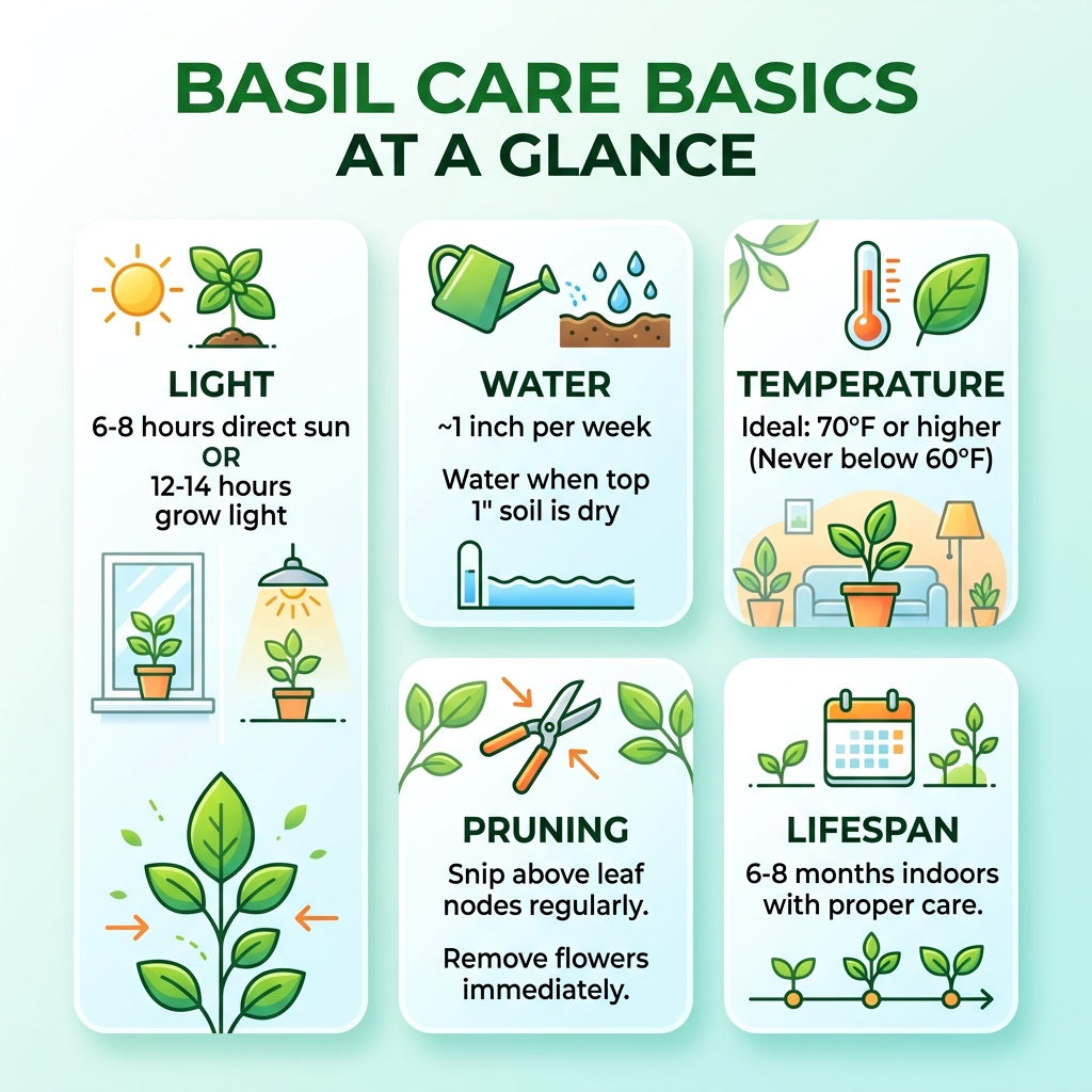 Basil care basics infographic: light, water, temperature, pruning, and lifespan at a glance - taking care of basil plant Basil care basics infographic: light, water, temperature, pruning, and lifespan at a glance - taking care of basil plant