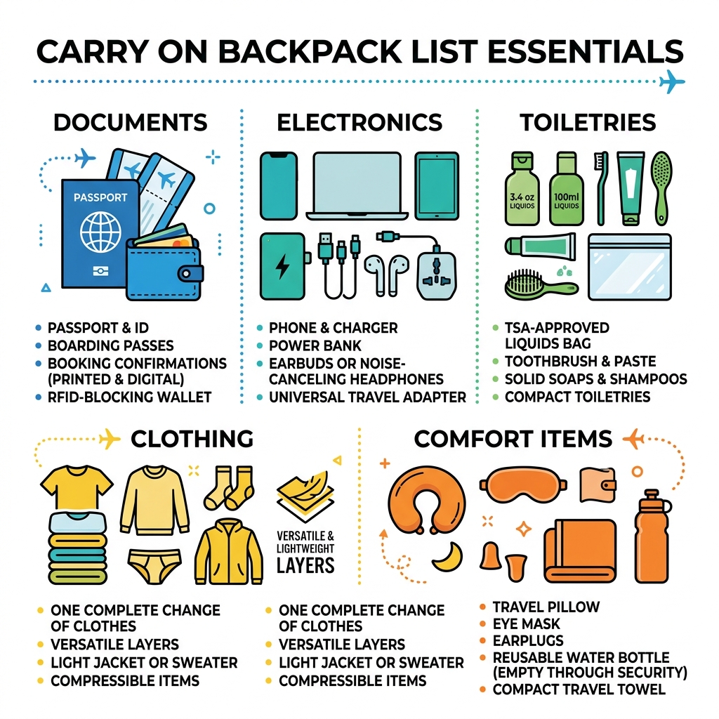 Carry on backpack list essentials infographic with categories: documents, electronics, toiletries, clothing, comfort items