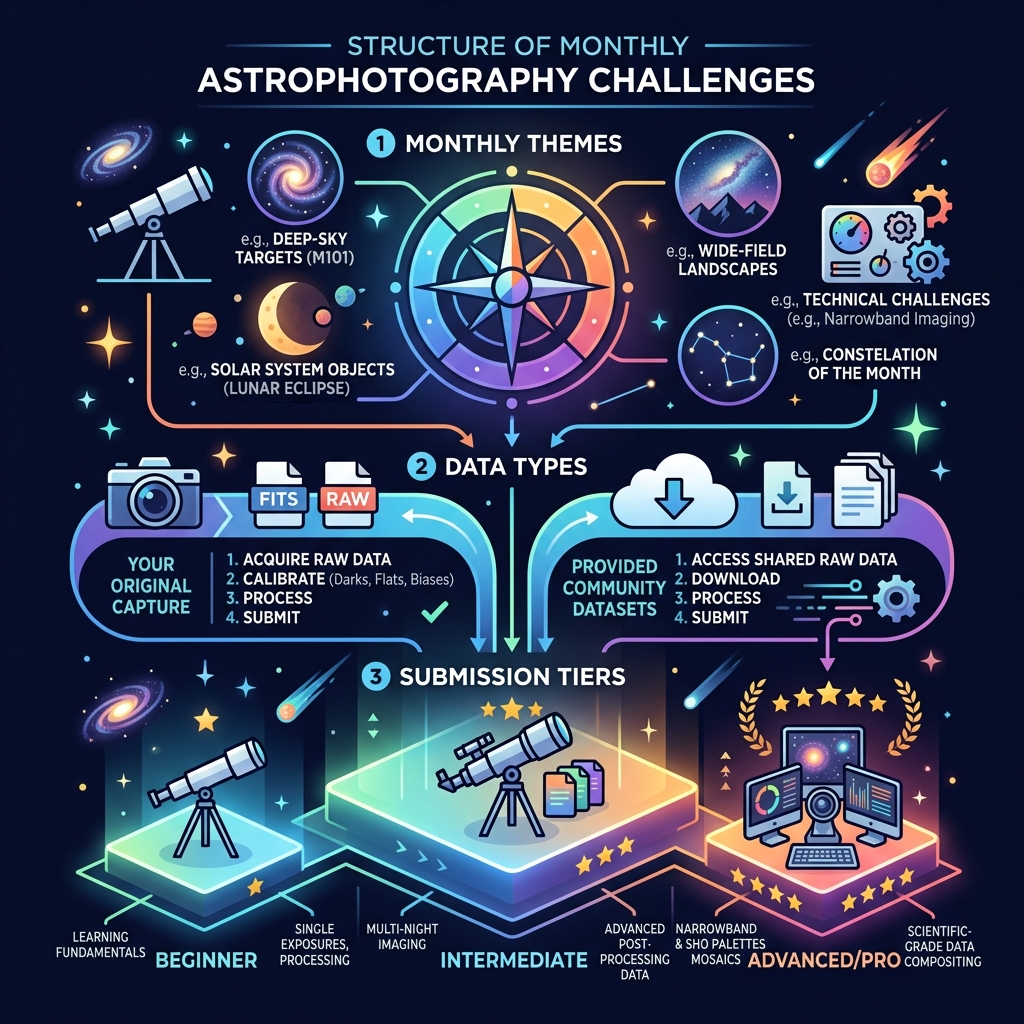 Structure of monthly astrophotography challenges: themes, data types, and submission tiers - astrophotography challenge