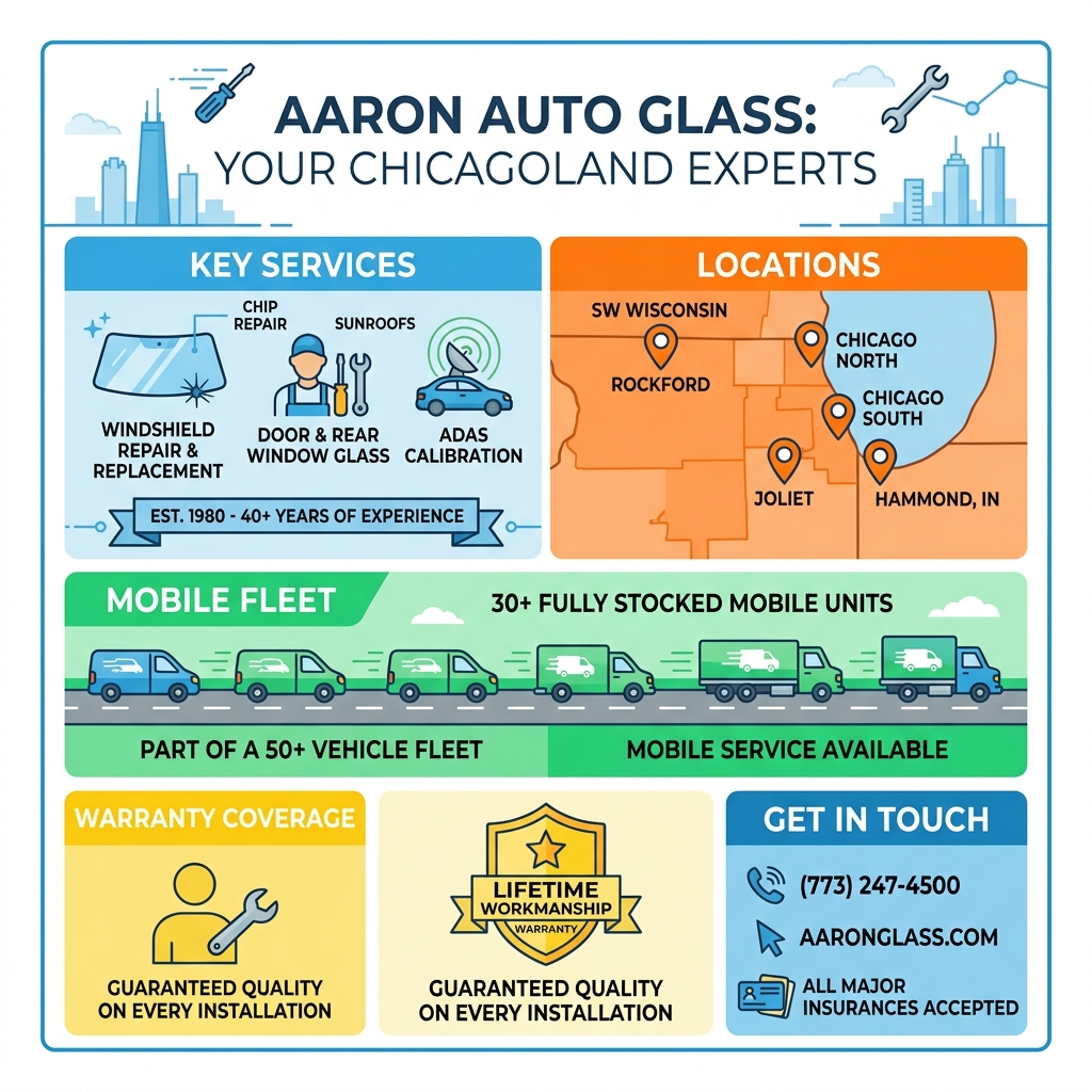 Infographic showing Aaron Auto Glass key services locations mobile fleet and warranty coverage in Chicago - aaron auto glass Infographic showing Aaron Auto Glass key services locations mobile fleet and warranty coverage in Chicago - aaron auto glass