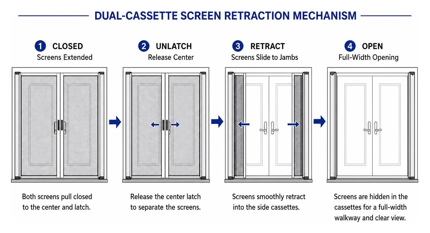 diagram showing the dual-cassette screen retraction mechanism toward side jambs diagram showing the dual-cassette screen retraction mechanism toward side jambs