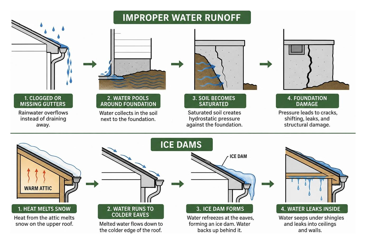 How improper water runoff causes foundation damage and ice dams How improper water runoff causes foundation damage and ice dams