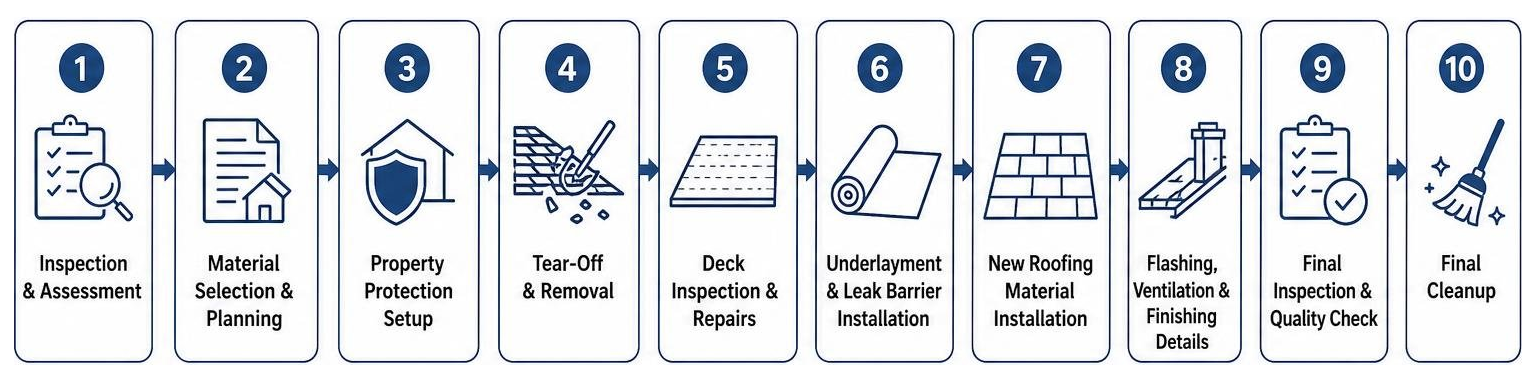 roof replacement process flowchart from inspection to final cleanup