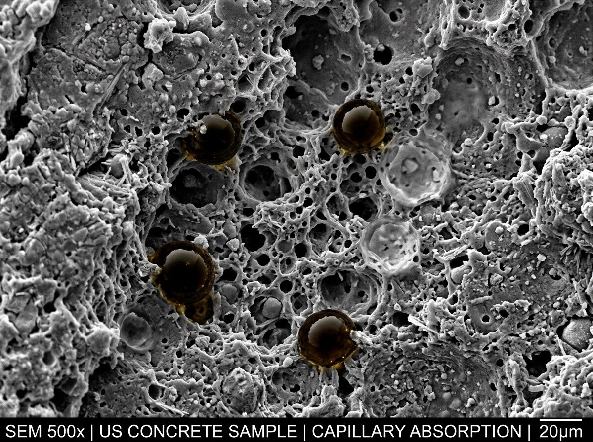 Close up of porous concrete texture showing microscopic holes that absorb oil and water - driveway paint and sealer Close up of porous concrete texture showing microscopic holes that absorb oil and water - driveway paint and sealer