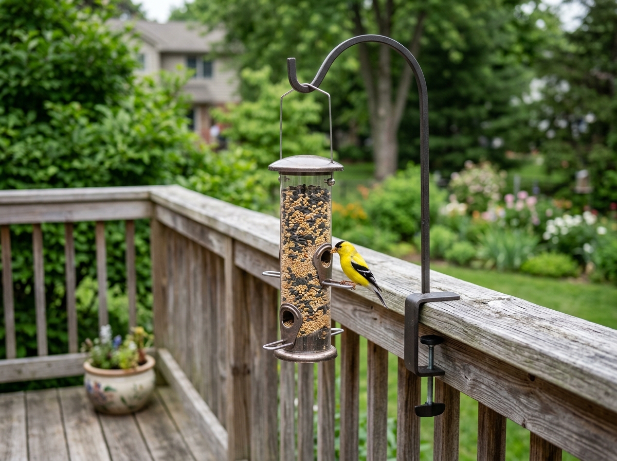 bird feeder mounted on a deck railing using a clamp-on hook - balcony rail mounted hooks