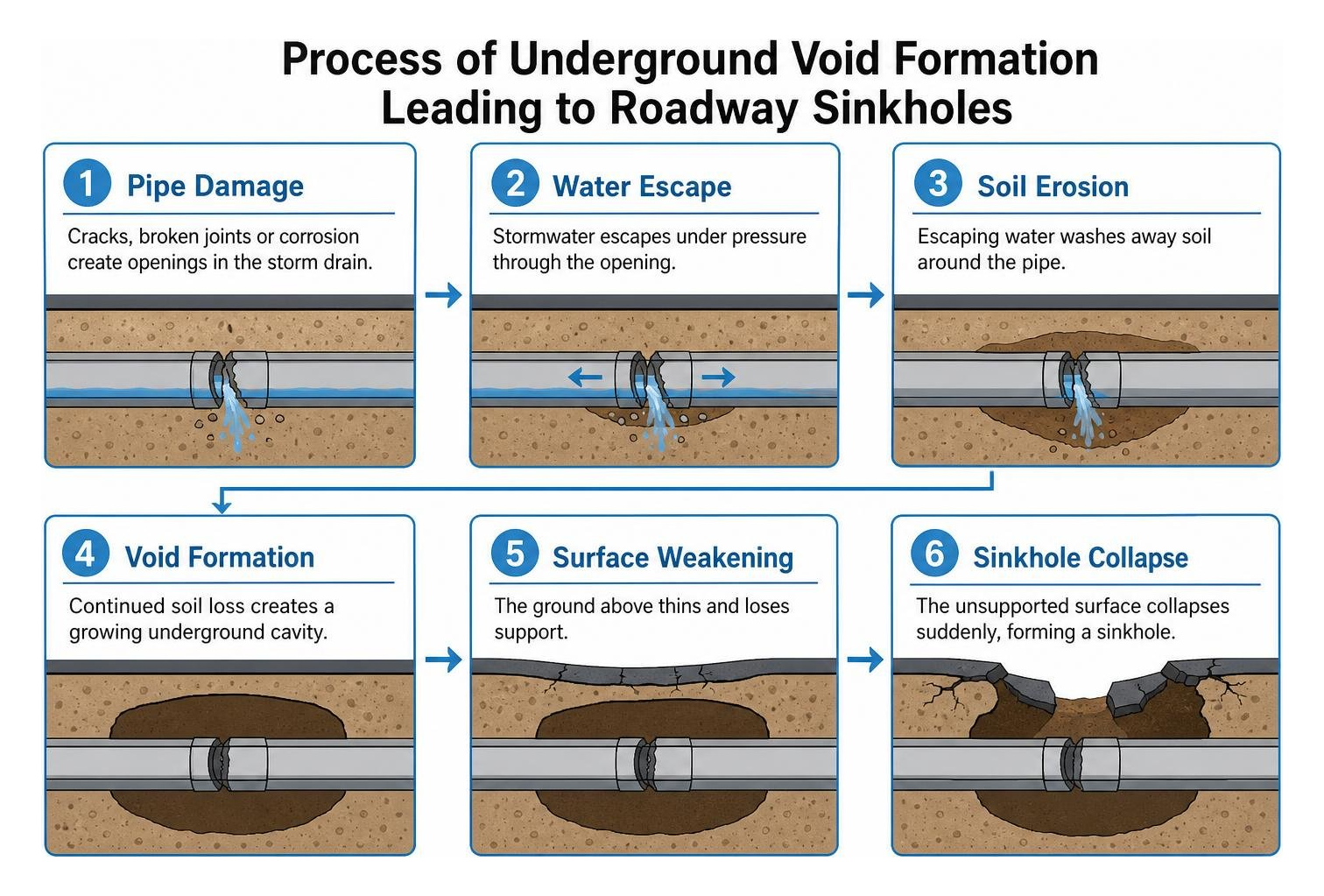 Process of underground void formation leading to roadway sinkholes Process of underground void formation leading to roadway sinkholes