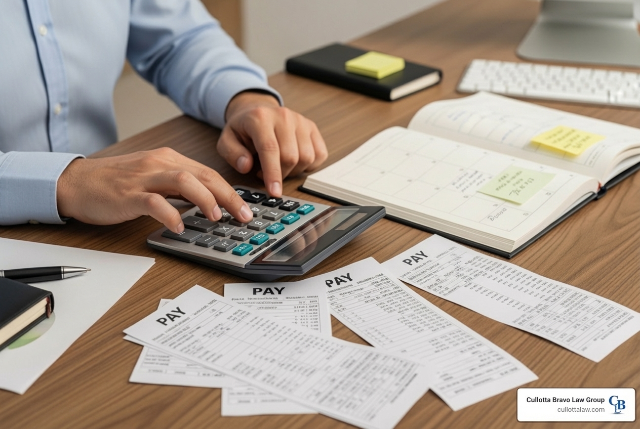 person using calculator with pay stubs and calendar - Lost wages car accident