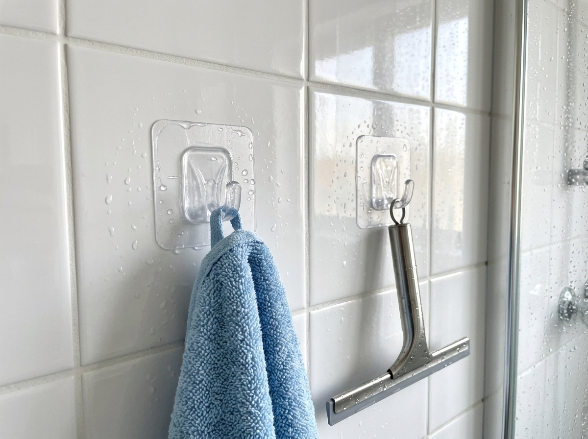 Adhesive hooks on bathroom tile showing waterproof performance - adhesive backed wall hooks