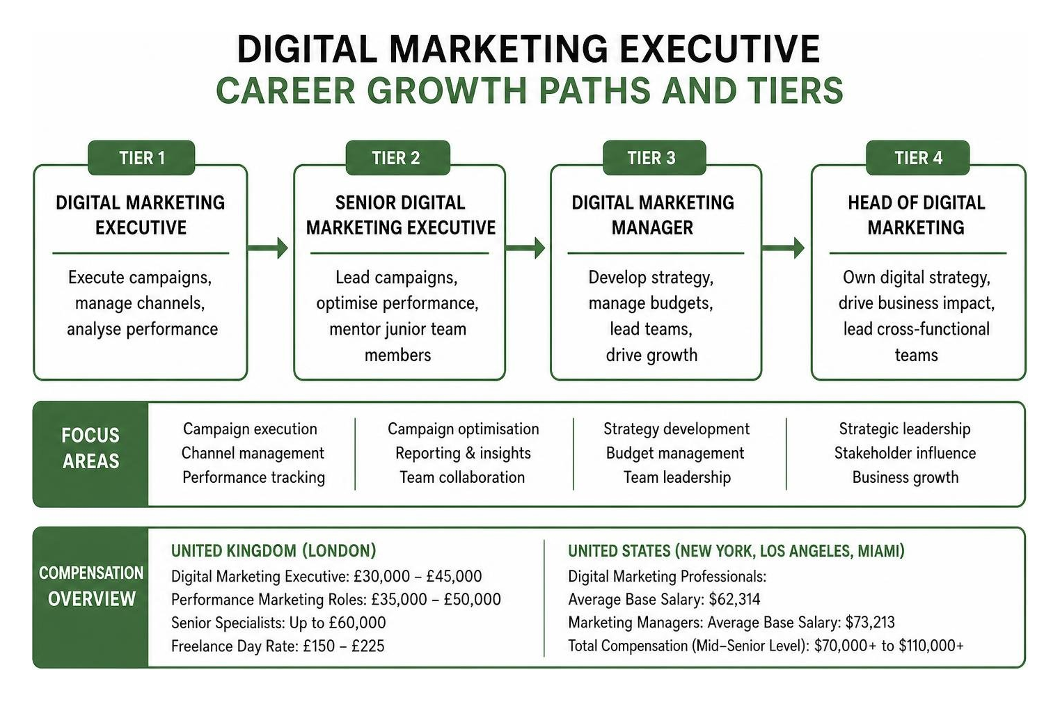 Digital marketing executive career growth paths and tiers