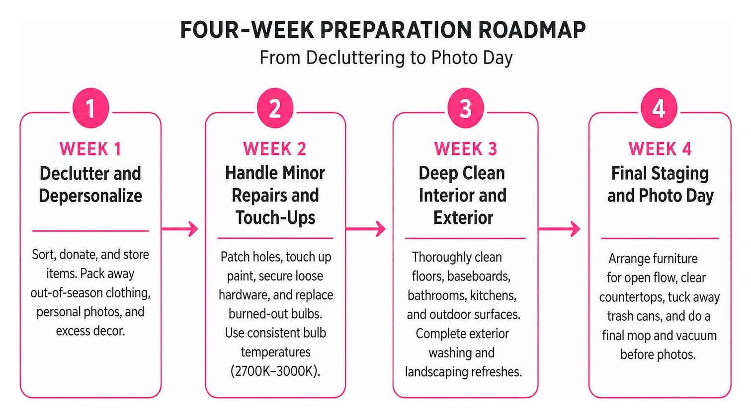 Timeline showing four-week preparation sequence from decluttering to photo day Timeline showing four-week preparation sequence from decluttering to photo day
