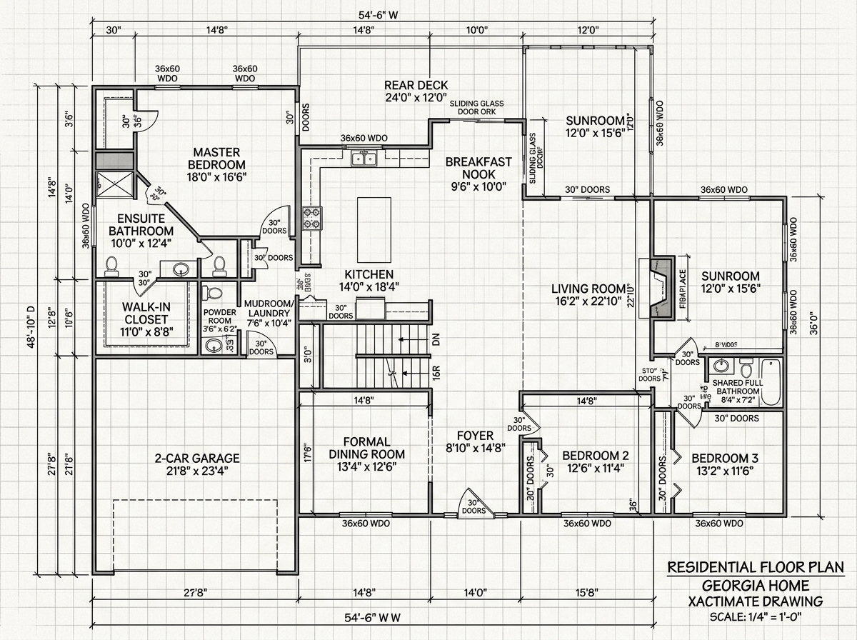 Detailed Xactimate floor plan sketch showing dimensions and room labels for a Georgia home - Xactimate estimating services