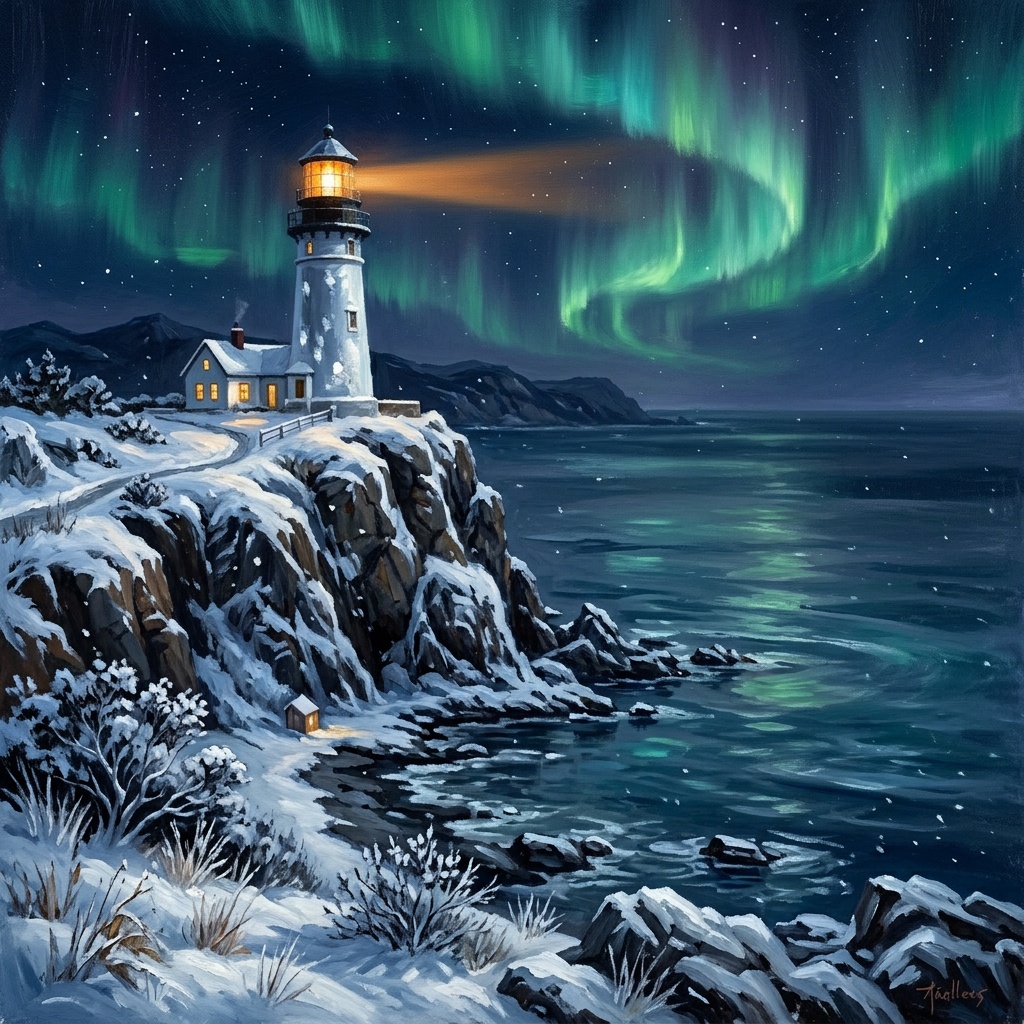 Make it a snowy winter night with a green aurora