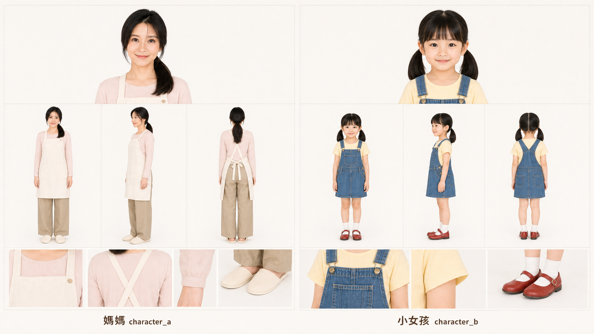媽媽和小女孩的角色設計表,含正面、側面、背面三視圖和服裝細節