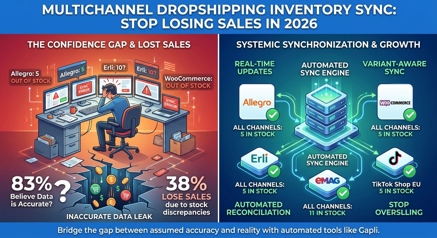 Multichannel dropshipping inventory sync dashboard connecting Allegro WooCommerce Erli and eMAG marketplaces