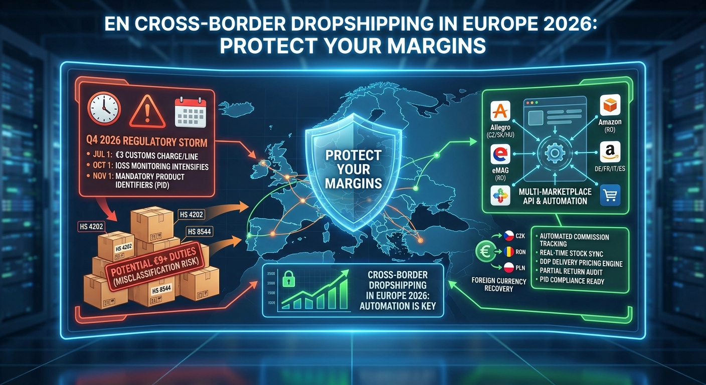 Cross-border dropshipping Europe 2026 dashboard showing multi-marketplace automation across EU countries